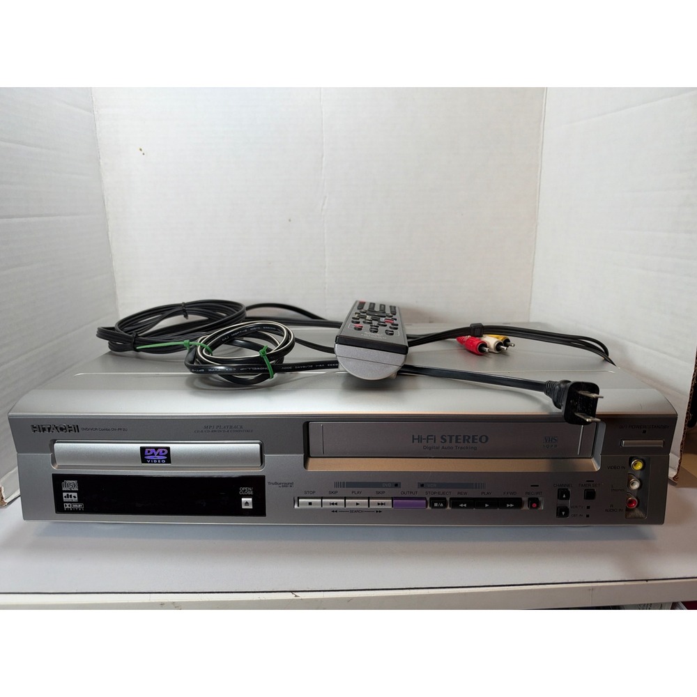Hitachi DVD VCR Combo DV-PF2U Silver Hi-Fi Stereo w Remote & Cables Working